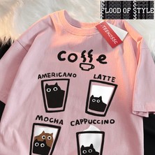 Tarz Sokak Eğlenceli Kahve Kedi Baskı Japon Tarzı Erkek Kadın T-Shirt Pamuk % Bol Tişört Pamuk Streetwea