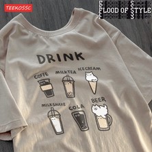 Tarz Sokak Yaratıcı Tasarım Kedi Içecek Kısa Kollu Tişört Erkek Kadın Kedi Içecek Orijinal Çift Yaz Yarı