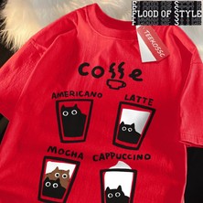 Tarz Sokak Eğlenceli Kahve Kedi Baskı Japon Tarzı Erkek Kadın T-Shirt Pamuk % Bol Tişört Pamuk Streetwea