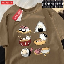 Tarz Sokak Sevimli Komik Suşi Kedi Baskı Mens Tişörtleri Hip Hop Boy T-Shirt Moda Yaz Rahat Gevşek Çift