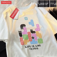 Tarz Sokak Blok Siyah Kedi Sevimli Küçük Catmale T-Shirt Grafik Pamuklu Tişörtler Yüksek Kaliteli Serin