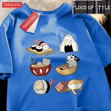 Tarz Sokak Sevimli Komik Suşi Kedi Baskı Mens Tişörtleri Hip Hop Boy T-Shirt Moda Yaz Rahat Gevşek Çift