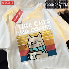 Tarz Sokak Kediler ve Kahve Severim Erkek Kadın T-Shirt Pamuklu Tişört Elbise Hip Hop Bol Tişört Moda Bi