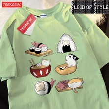 Tarz Sokak Sevimli Komik Suşi Kedi Baskı Mens Tişörtleri Hip Hop Boy T-Shirt Moda Yaz Rahat Gevşek Çift