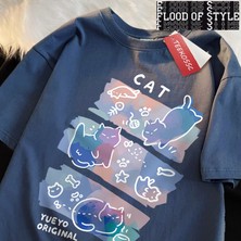 Tarz Sokak Eğlenceli Yaramaz Kedi Baskı Japon Tarzı T-Shirt Erkek Kadın Moda T Shirt Nefes Yazlık T-Shir