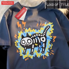 Tarz Sokak Çift Elektrik Çarpması Kedi Trendy Marka Trendy Saf Pamuk Bol Kısa Kollu Tişört Erkek Kadın Y