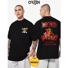 Tarz Sokak One Piece Straw Hat Monkey D. Luffy Ön Arka Baskılı Unisex Oversize Siyah