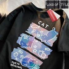 Tarz Sokak Eğlenceli Yaramaz Kedi Baskı Japon Tarzı T-Shirt Erkek Kadın Moda T Shirt Nefes Yazlık T-Shir