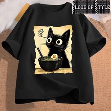 Tarz Sokak Komik Kedi Ramen Grafik Tee Japon Kawaii Anime Kedi T-Shirt Moda T-Shirt Kısa Kollu Elbise Tr