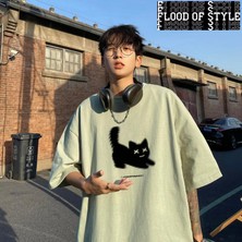 Tarz Sokak Erkek Büyük Boy T-Shirt Pamuk T Gömlek Beyaz Erkekler Için Rahat Yaz Giyim Kedi Anime Baskı M