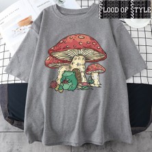 Tarz Sokak Bir Mantar Evi ve Kurbağa Özellikli Sevimli Erkek Üstleri Vintage Büyük Boy Tüm Matematik Tee