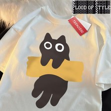 Tarz Sokak Eğlenceli Yapışkan Bant Kedi Baskı Japon Tarzı Kısa Kollu Erkek Kadın Pamuk Büyük Boy T-Shirt