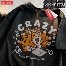 Tarz Sokak Çılgın Turuncu Kedi Açık Yeşil Komik Kedi Çalışma Omuz Damla Kısa Kollu Tişört Kadınlar Için