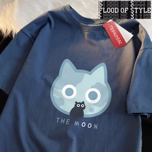 Tarz Sokak Ay Mavi Kedi Eğlenceli Japon Tarzı Erkek Kadın T-Shirt Pamuk Boy Kısa Kollu Gömlek Bol Tişört