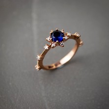 Mavi Taşlı 925 Ayar Lotus Çiçeği Minimal Rose Gümüş Yüzük