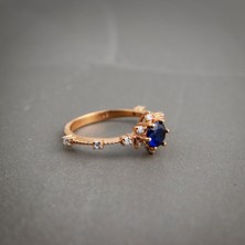 Mavi Taşlı 925 Ayar Lotus Çiçeği Minimal Rose Gümüş Yüzük