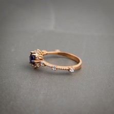 Mavi Taşlı 925 Ayar Lotus Çiçeği Minimal Rose Gümüş Yüzük