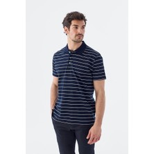 Jakamen Lacivert Slim Fit Çizgili %100 Pamuk Polo Yaka T-Shirt