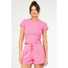 Pembe Slim Fit Basic Kaşkorse Bisiklet Yaka Kısa Kol Crop Kadın Body Sf0757