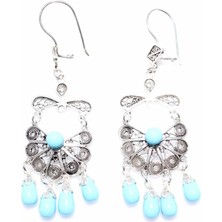 Nusret Takı 925 Ayar Gümüş Yelpaze Desenli Turkuaz Taşlı Telkari Küpe