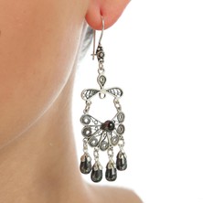 Nusret Takı 925 Ayar Gümüş Yelpaze Desenli Siyah İnci Taşlı Telkari Küpe