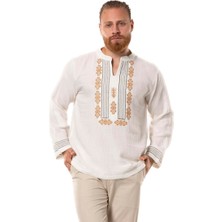Uzun Kol Ibiza Nakışlı Müslin Erkek Yazlık Tshirt Kırık Beyaz Krkbyz