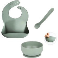 3'lü Silikon Bebek Beslenme Seti - Vakumlu Mama Kasesi - Mama Önlüğü - Diş Kaşıyıcı Kaşık - Yeşil