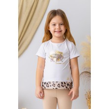 Kız Çocuk Leopar Desenli T-Shirt - Beyaz