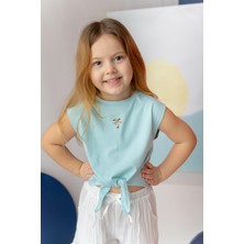 Kız Çocuk Nakış Detaylı Crop T-Shirt - Mint