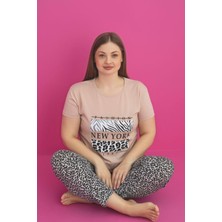 X-Dreamy Büyük Beden Pamuklu Leopar Desenli Kısa Kollu Pijama Takımı