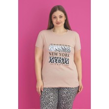 X-Dreamy Büyük Beden Pamuklu Leopar Desenli Kısa Kollu Pijama Takımı