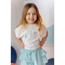 Kız Çocuk Nakış Detaylı Crop T-Shirt - Ekru