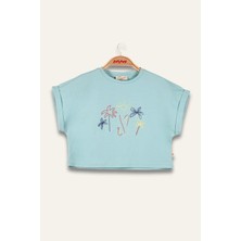 Kız Çocuk Nakış Detaylı Crop T-Shirt - Mint