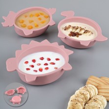 3'lü Hayvan Figürlü Silikon Bebek Mama Kasesi Seti - Şekilli Bebek Beslenme Kasesi Pembe
