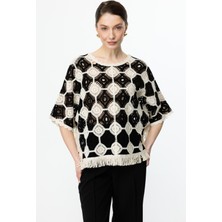 On Püskül Detaylı Örme Bluz Ekru 56591