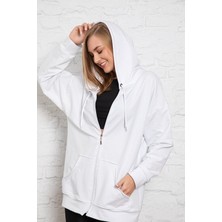 Beyaz Kapüşonlu Oversize/geniş Kalıp Fermuarlı Kapüşonlu Kalın Içi Polarlı Sweatshirt K-501