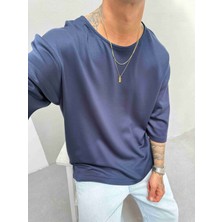 Erkek Basic Dokulu Oversize T-Shirt - Lacivert