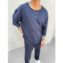 Erkek Basic Dokulu Oversize T-Shirt - Lacivert