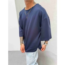 Erkek Basic Dokulu Oversize T-Shirt - Lacivert