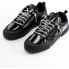 Krıste Bell 03 Rugan Siyah Paraşüt Kumaş Deri Taşlı Bağcıklı Sneaker Kadın Spor Ayakkabı