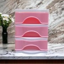3 Çekmeceli Masa Üstü Çekmece Sert Plastik / Organizer Fosforlu Seri - Pembe Renk