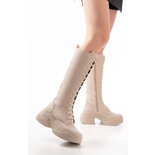 FZ-2450 Bej Yüksek Tabanlı Bağcıklı Fermuarlı Günlük Kadın Çizme