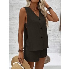 Barbora Keten Yazlık Dekolteli Kolsuz Bluz Şort Siyah İkili Takım