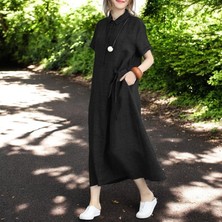 Barbora Yazlık Tam Boy Gömlek Yaka Salaş Keten Elbise