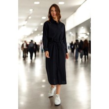 Barbora Yazlık Şık Beli Bağcık Detaylı Keten Elbise