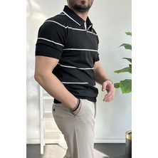 Erkek Polo Yaka Ince Çizgili Kısa Kollu T-Shirt