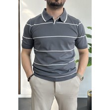 Erkek Polo Yaka Ince Çizgili Kısa Kollu T-Shirt