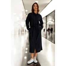 Barbora Günlük Beli Bağcıklı Rahat Keten Elbise