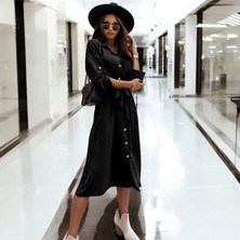 Barbora Düğmeli Kemerli Gömlek Yaka Keten Elbise