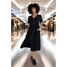 Barbora Beli Büzgülü V Yaka Keten Elbise